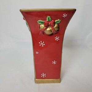 Vintage Fitz and Floyd Festive Bells Ceramic Large Vase Christmas Holiday Red